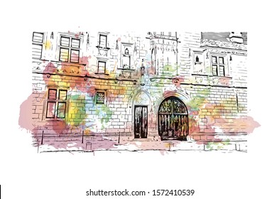 Building view with landmark of Bourges is a city in central France known for its half-timbered houses. Watercolor splash with Hand drawn sketch illustration in vector.