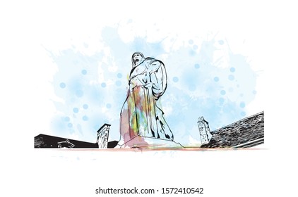 Building view with landmark of Bourges is a city in central France known for its half-timbered houses. Watercolor splash with Hand drawn sketch illustration in vector.