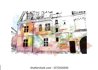 Building view with landmark of Bourges is a city in central France known for its half-timbered houses. Watercolor splash with Hand drawn sketch illustration in vector.