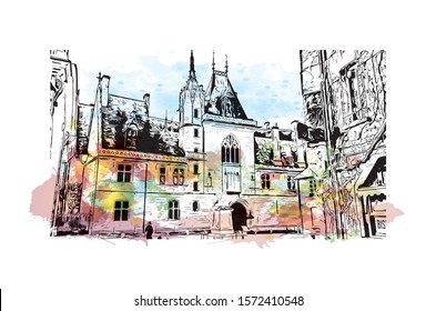 Building view with landmark of Bourges is a city in central France known for its half-timbered houses. Watercolor splash with Hand drawn sketch illustration in vector.