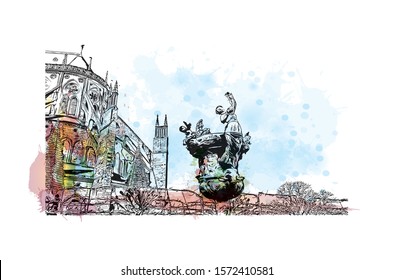 Building view with landmark of Bourges is a city in central France known for its half-timbered houses. Watercolor splash with Hand drawn sketch illustration in vector.