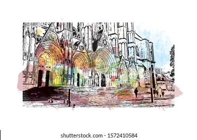 Building view with landmark of Bourges is a city in central France known for its half-timbered houses. Watercolor splash with Hand drawn sketch illustration in vector.