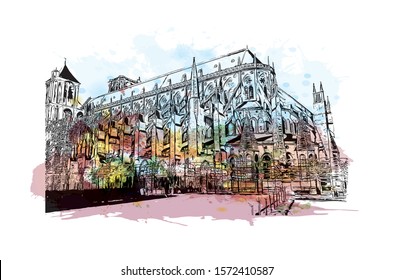 Building view with landmark of Bourges is a city in central France known for its half-timbered houses. Watercolor splash with Hand drawn sketch illustration in vector.