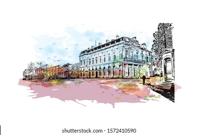 Building view with landmark of Bourges is a city in central France known for its half-timbered houses. Watercolor splash with Hand drawn sketch illustration in vector.