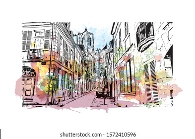 Building view with landmark of Bourges is a city in central France known for its half-timbered houses. Watercolor splash with Hand drawn sketch illustration in vector.