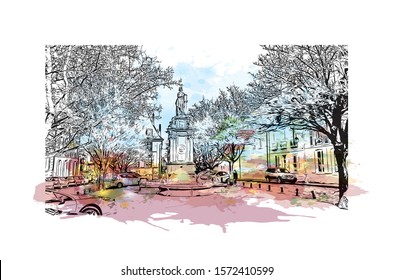 Building view with landmark of Bourges is a city in central France known for its half-timbered houses. Watercolor splash with Hand drawn sketch illustration in vector.