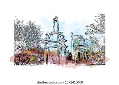 Building view with landmark of Bourges is a city in central France known for its half-timbered houses. Watercolor splash with Hand drawn sketch illustration in vector.