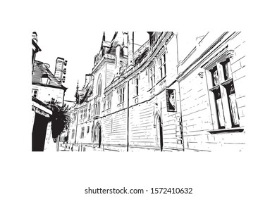 Building view with landmark of Bourges is a city in central France known for its half-timbered houses. Hand drawn sketch illustration in vector.