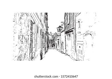 Building view with landmark of Bourges is a city in central France known for its half-timbered houses. Hand drawn sketch illustration in vector.