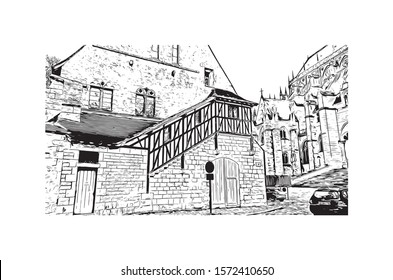 Building view with landmark of Bourges is a city in central France known for its half-timbered houses. Hand drawn sketch illustration in vector.