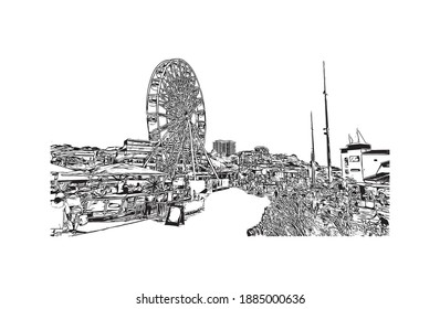 Building view with landmark of Bournemouth is the city in England. Hand drawn sketch illustration in vector.
