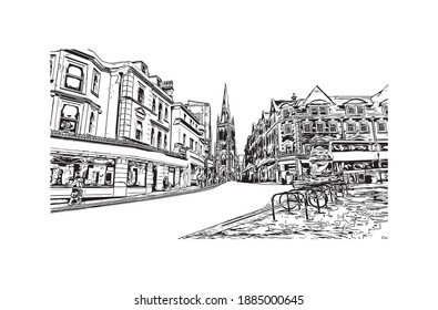 Building view with landmark of Bournemouth is the city in England. Hand drawn sketch illustration in vector.