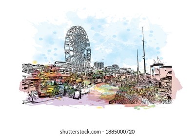Building view with landmark of Bournemouth is the city in England. Watercolour splash with hand drawn sketch illustration in vector.