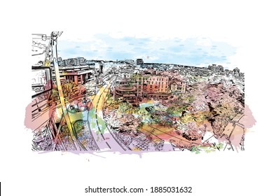 Building view with landmark of Bournemouth is the
city in England. Watercolour splash with hand drawn sketch illustration in vector.