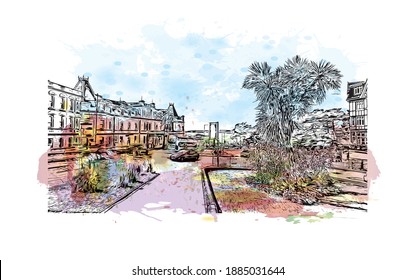 Building view with landmark of Bournemouth is the
city in England. Watercolour splash with hand drawn sketch illustration in vector.