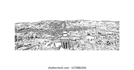 Building view with landmark of Braga is a city in the far north of Portugal, northeast of Porto. Hand drawn sketch illustration in vector.