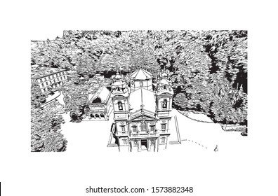 Building view with landmark of Braga is a city in the far north of Portugal, northeast of Porto. Hand drawn sketch illustration in vector.