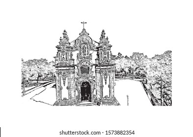 Building view with landmark of Braga is a city in the far north of Portugal, northeast of Porto. Hand drawn sketch illustration in vector.