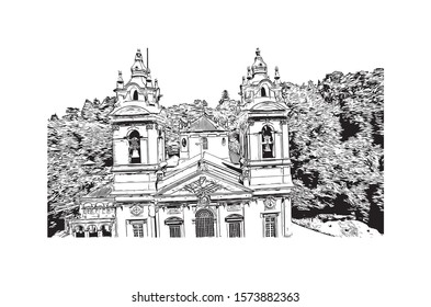 Building view with landmark of Braga is a city in the far north of Portugal, northeast of Porto. Hand drawn sketch illustration in vector.