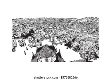 Building view with landmark of Braga is a city in the far north of Portugal, northeast of Porto. Hand drawn sketch illustration in vector.