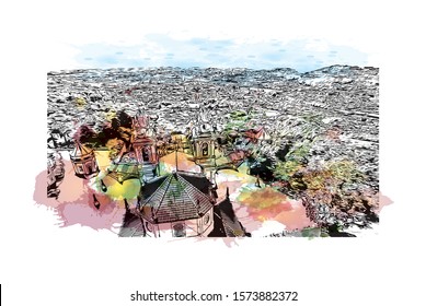 Building view with landmark of Braga is a city in the far north of Portugal, northeast of Porto. Watercolor splash with Hand drawn sketch illustration in vector.