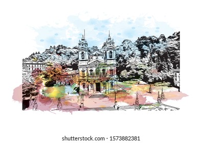 Building view with landmark of Braga is a city in the far north of Portugal, northeast of Porto. Watercolor splash with Hand drawn sketch illustration in vector.