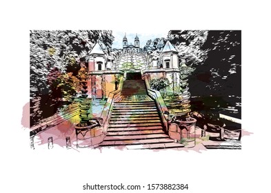 Building view with landmark of Braga is a city in the far north of Portugal, northeast of Porto. Watercolor splash with Hand drawn sketch illustration in vector.