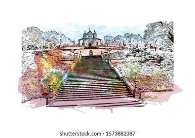 Building view with landmark of Braga is a city in the far north of Portugal, northeast of Porto. Watercolor splash with Hand drawn sketch illustration in vector.