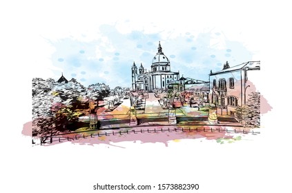 Building view with landmark of Braga is a city in the far north of Portugal, northeast of Porto. Watercolor splash with Hand drawn sketch illustration in vector.