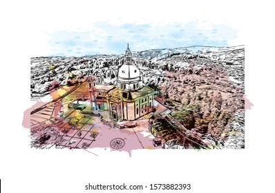 Building view with landmark of Braga is a city in the far north of Portugal, northeast of Porto. Watercolor splash with Hand drawn sketch illustration in vector.