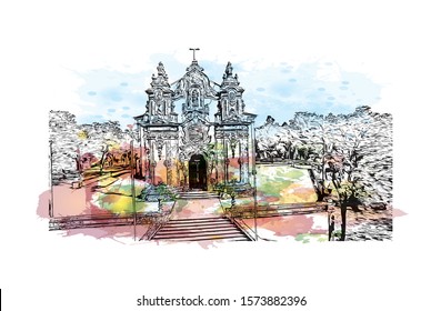 Building view with landmark of Braga is a city in the far north of Portugal, northeast of Porto. Watercolor splash with Hand drawn sketch illustration in vector.