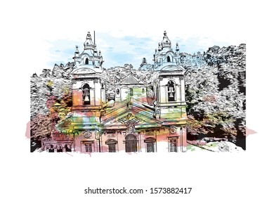 Building view with landmark of Braga is a city in the far north of Portugal, northeast of Porto. Watercolor splash with Hand drawn sketch illustration in vector.