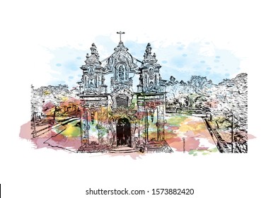 Building view with landmark of Braga is a city in the far north of Portugal, northeast of Porto. Watercolor splash with Hand drawn sketch illustration in vector.