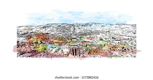 Building view with landmark of Braga is a city in the far north of Portugal, northeast of Porto. Watercolor splash with Hand drawn sketch illustration in vector.