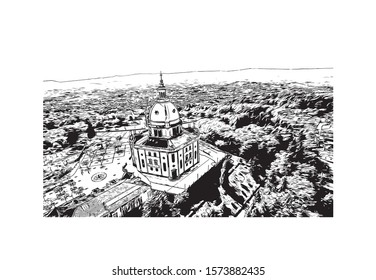 Building view with landmark of Braga is a city in the far north of Portugal, northeast of Porto. Hand drawn sketch illustration in vector.