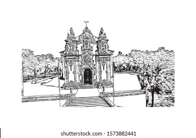 Building view with landmark of Braga is a city in the far north of Portugal, northeast of Porto. Hand drawn sketch illustration in vector.