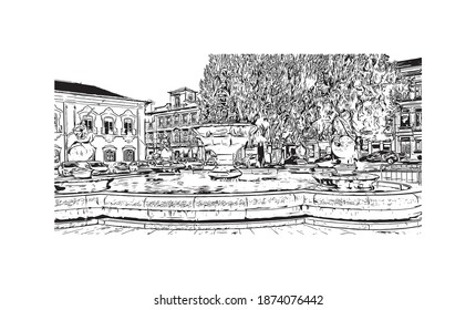 Building view with landmark of Braga is the city of Portugal. Hand drawn sketch illustration in vector.