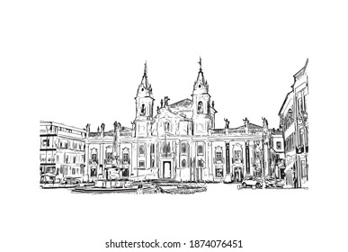 Building view with landmark of Braga is the city of Portugal. Hand drawn sketch illustration in vector.