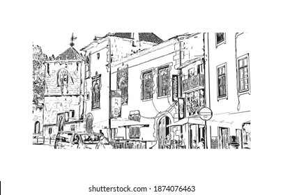 Building view with landmark of Braga is the city of Portugal. Hand drawn sketch illustration in vector.