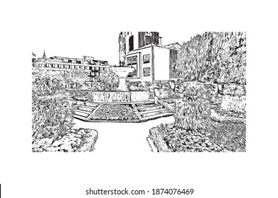 Building view with landmark of Braga is the city of Portugal. Hand drawn sketch illustration in vector.