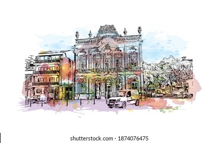 Building view with landmark of Braga is the city of Portugal. Watercolour splash with hand drawn sketch illustration in vector.