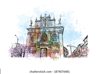 Building view with landmark of Braga is the city of Portugal. Watercolour splash with hand drawn sketch illustration in vector.