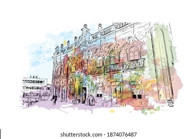 Building view with landmark of Braga is the city of Portugal. Watercolour splash with hand drawn sketch illustration in vector.