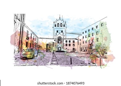 Building view with landmark of Braga is the city of Portugal. Watercolour splash with hand drawn sketch illustration in vector.