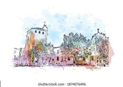 Building view with landmark of Braga is the city of Portugal. Watercolour splash with hand drawn sketch illustration in vector.