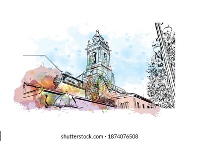 Building view with landmark of Braga is the city of Portugal. Watercolour splash with hand drawn sketch illustration in vector.