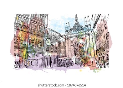 Building view with landmark of Braga is the city of Portugal. Watercolour splash with hand drawn sketch illustration in vector.