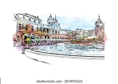 Building view with landmark of Braga is the city of Portugal. Watercolour splash with hand drawn sketch illustration in vector.