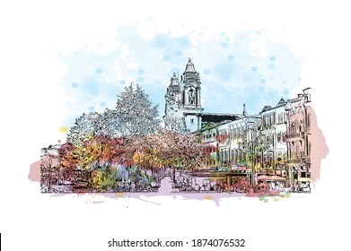 Building view with landmark of Braga is the city of Portugal. Watercolour splash with hand drawn sketch illustration in vector.