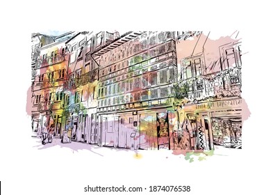 Building view with landmark of Braga is the city of Portugal. Watercolour splash with hand drawn sketch illustration in vector.